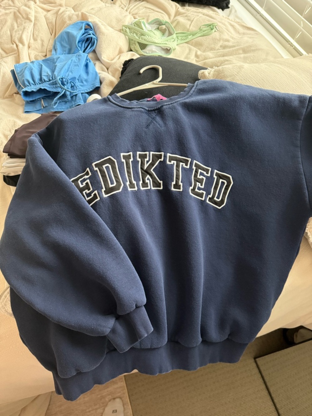 Edikted Navy Crewneck Sweatshirt with Arch Logo